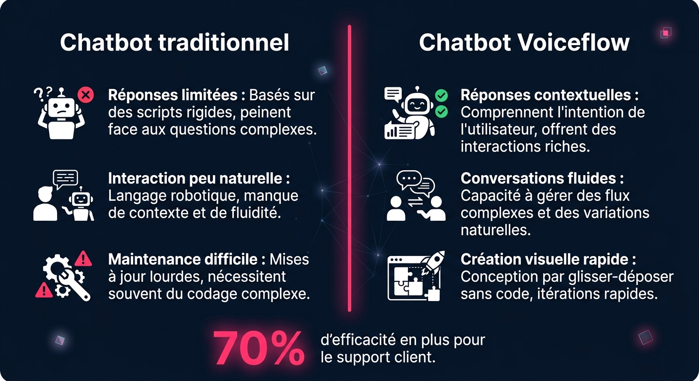 Comparaison chatbot traditionnel vs chatbot Voiceflow no-code - avantages et différences