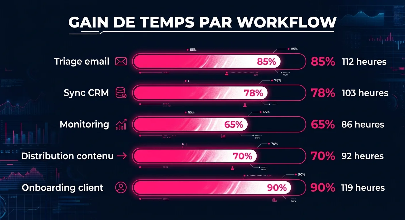 Infographie n8n workflows : 5 catégories avec temps économisé et ROI estimé