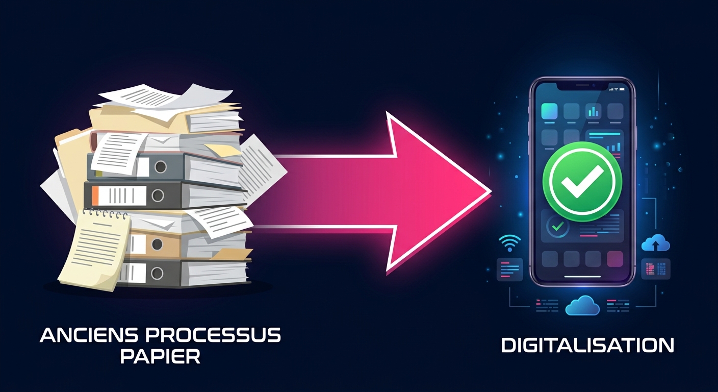 Schéma du passage des processus papier à la digitalisation mobile : anciens processus papier vers une app mobile avec validation