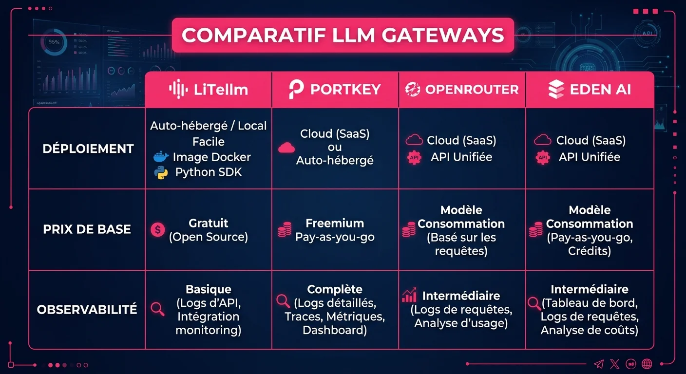 Comparatif LiteLLM vs Portkey vs OpenRouter vs Eden AI : modèles, prix, déploiement