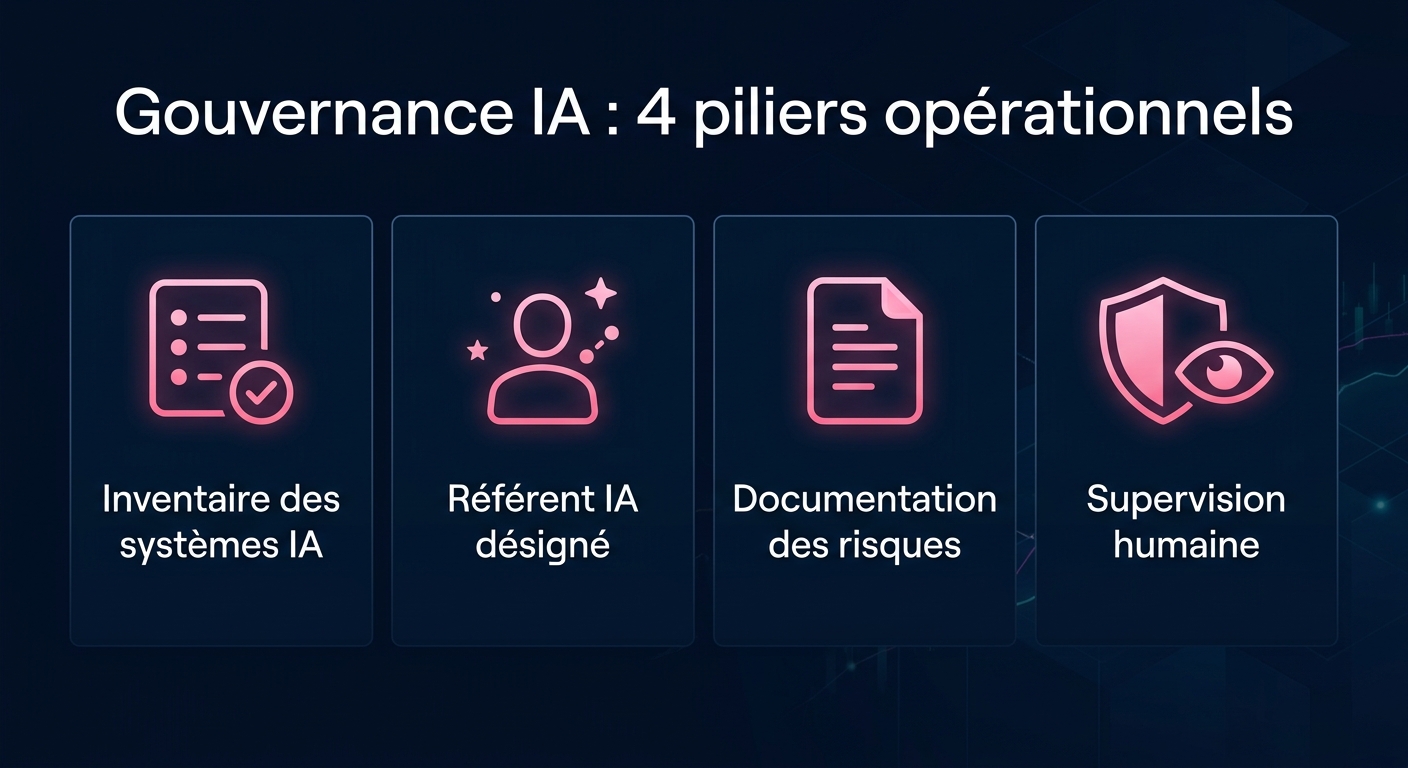 Gouvernance IA - 4 piliers opérationnels : inventaire, référent, documentation, supervision