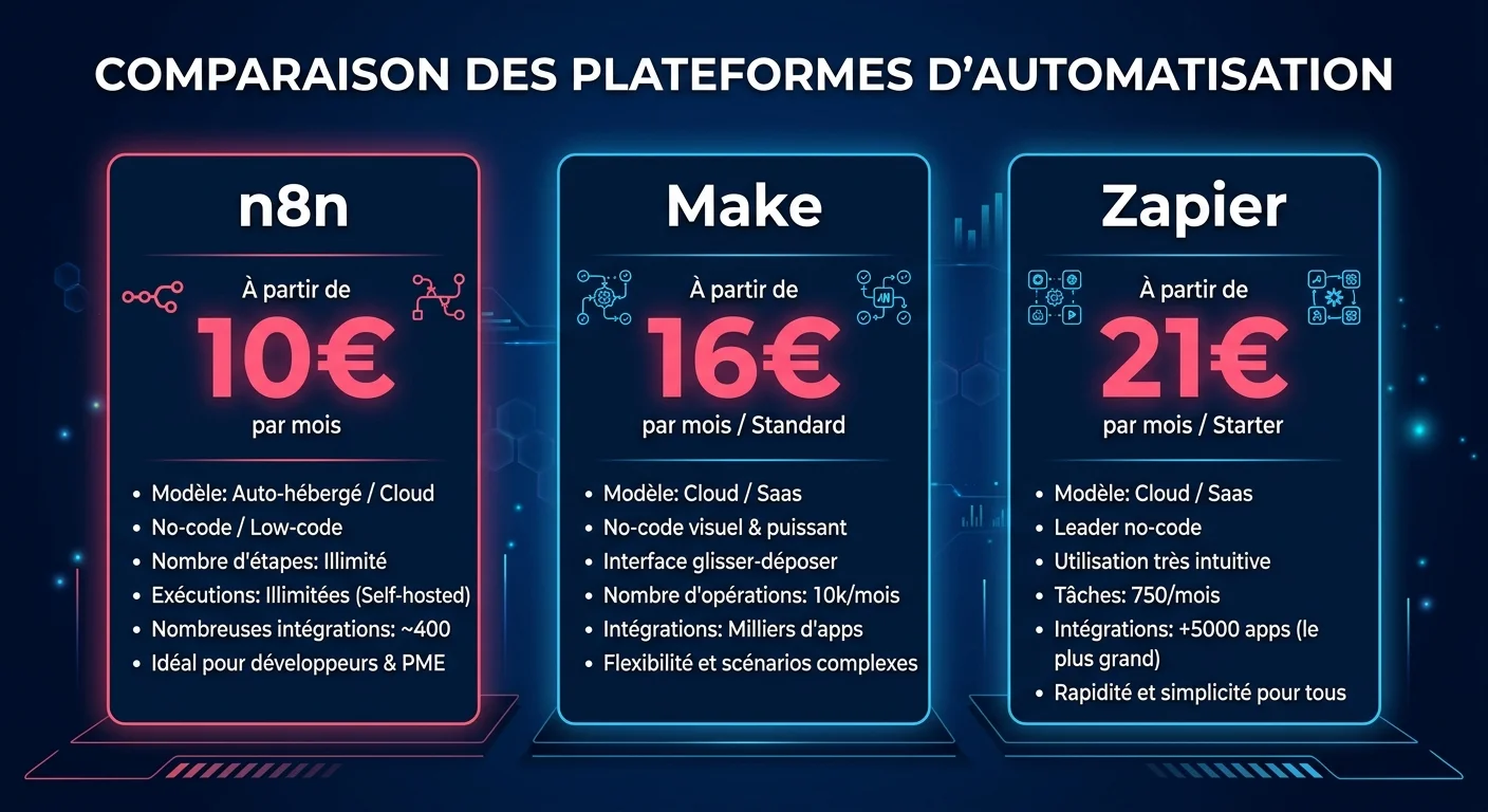 Comparatif n8n, Make et Zapier : tarifs, nombre d'intégrations et facilité de prise en main