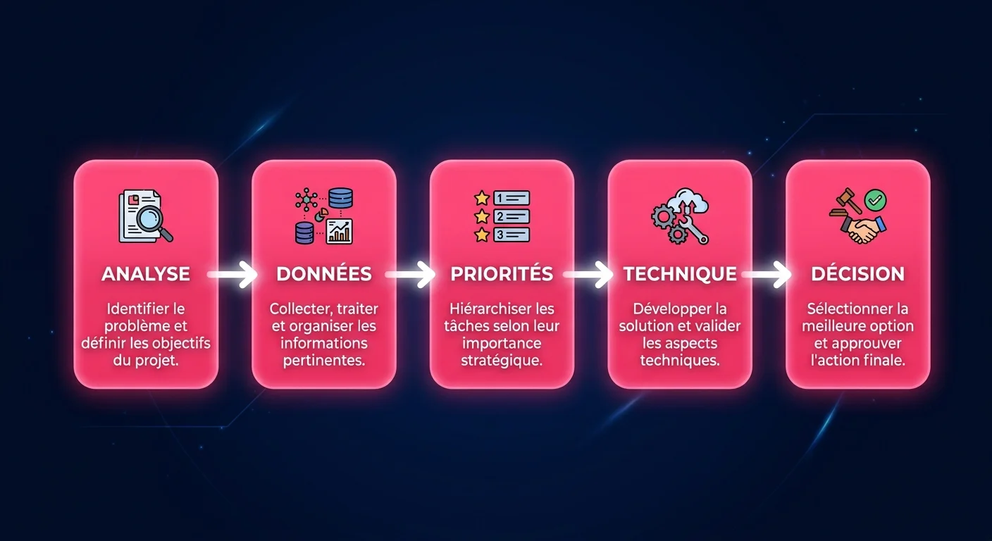 Les 5 étapes du diagnostic flash IA : inventaire processus, audit données, quick wins, faisabilité technique, décision