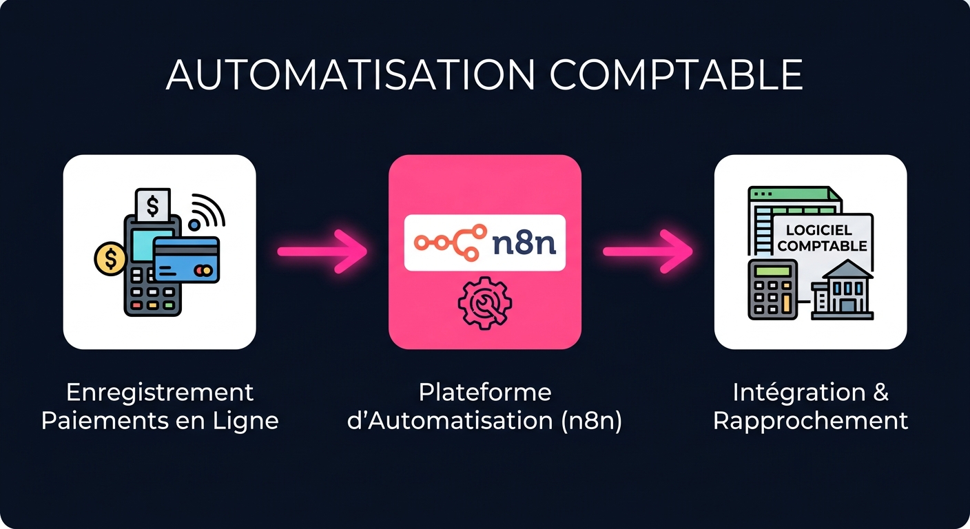 Schéma : paiement en ligne vers n8n vers logiciel comptable - automatisation comptable PME