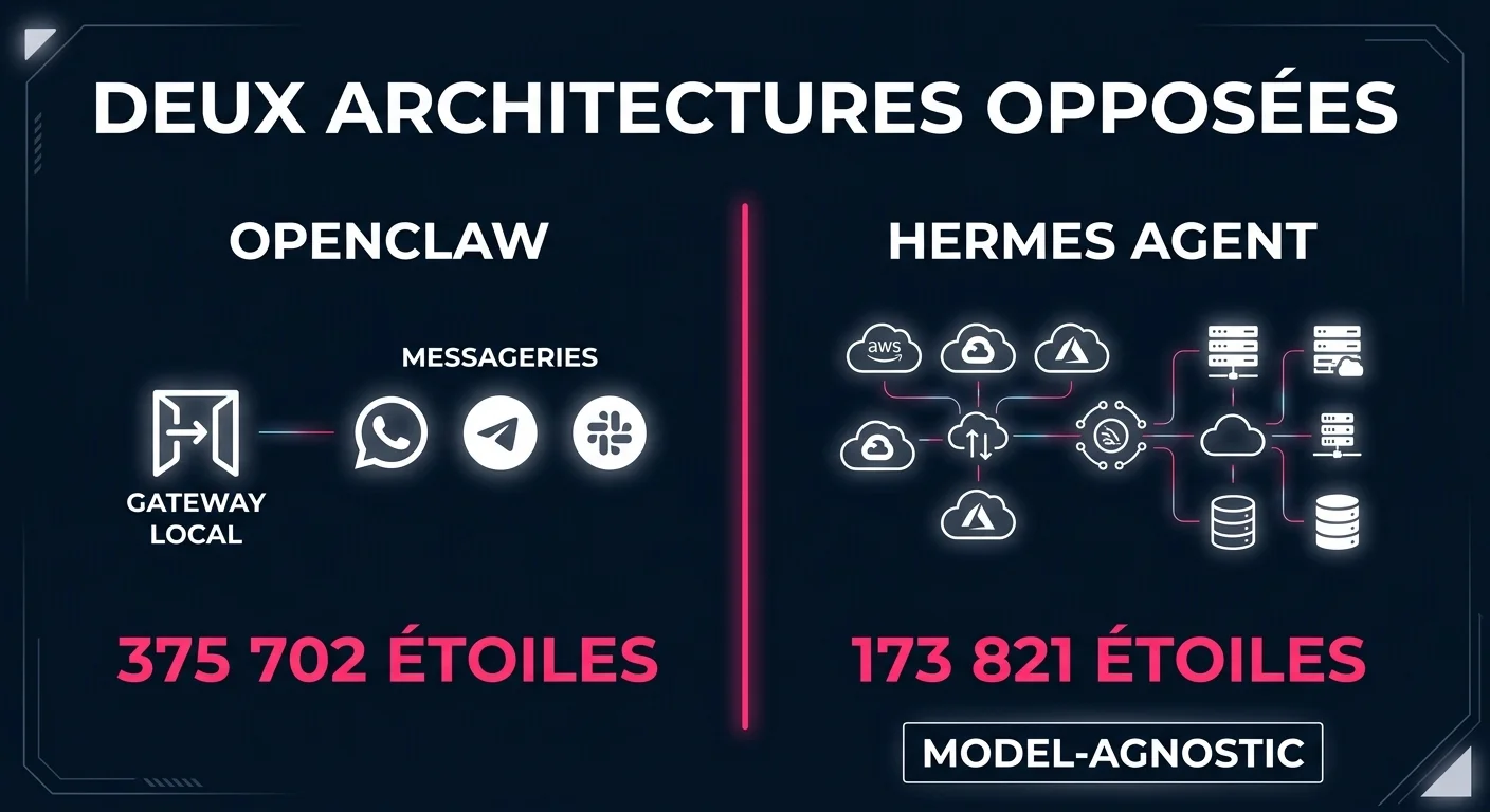 Schéma comparatif : architecture gateway local OpenClaw vs backends distribués Hermes Agent