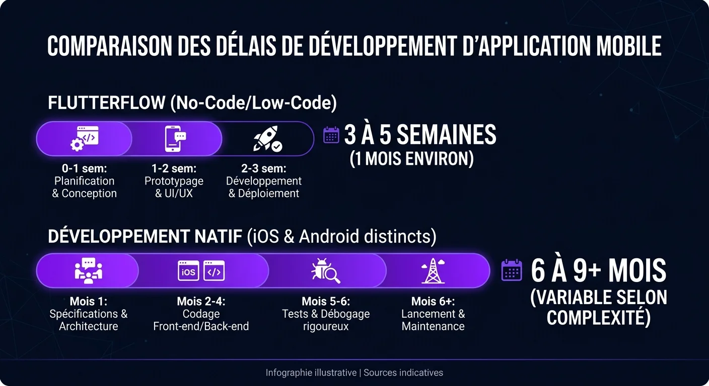 Comparaison des délais : FlutterFlow 3-5 semaines vs développement natif 6-9 mois