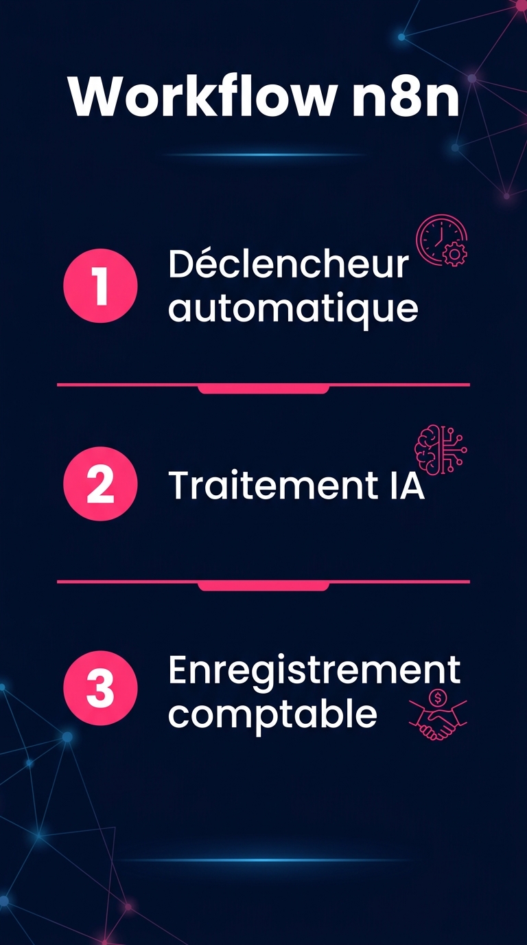Infographie workflow n8n comptabilité : 3 étapes - déclencheur automatique, traitement IA, enregistrement comptable