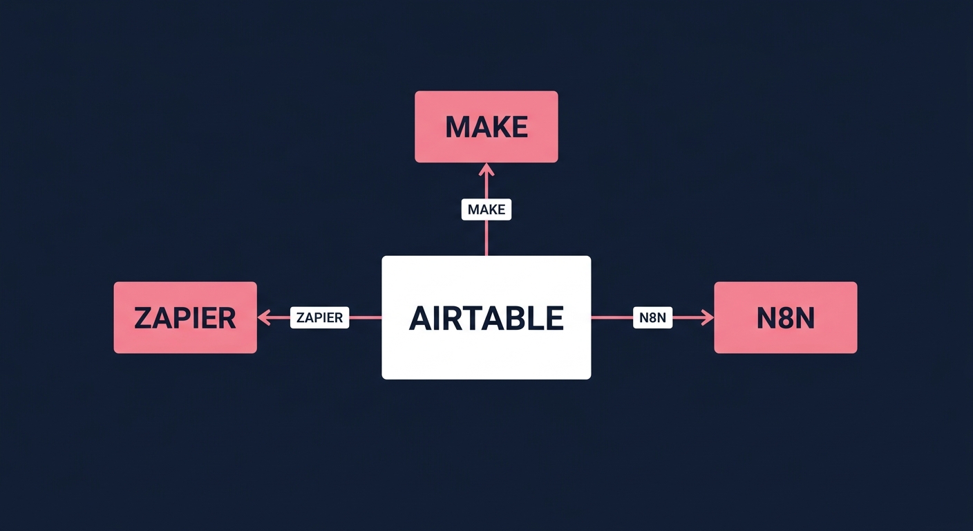 Diagramme : Airtable connecté à Zapier, Make et n8n pour l'automatisation