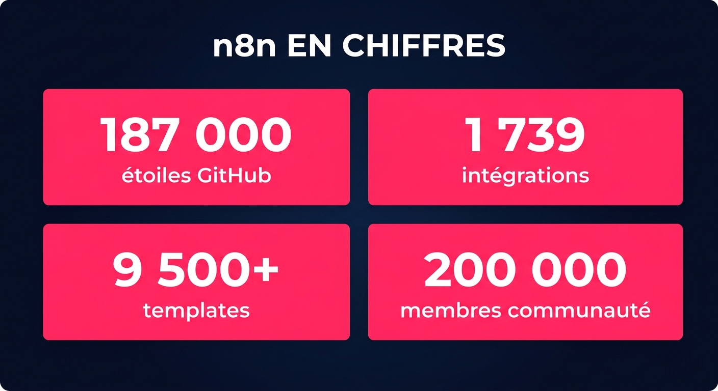 n8n en chiffres : 187 000 étoiles GitHub, 1 739 intégrations, 9 500 templates, 200 000 membres