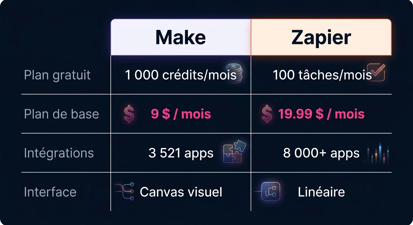 Infographie comparaison des prix Make vs Zapier 2026