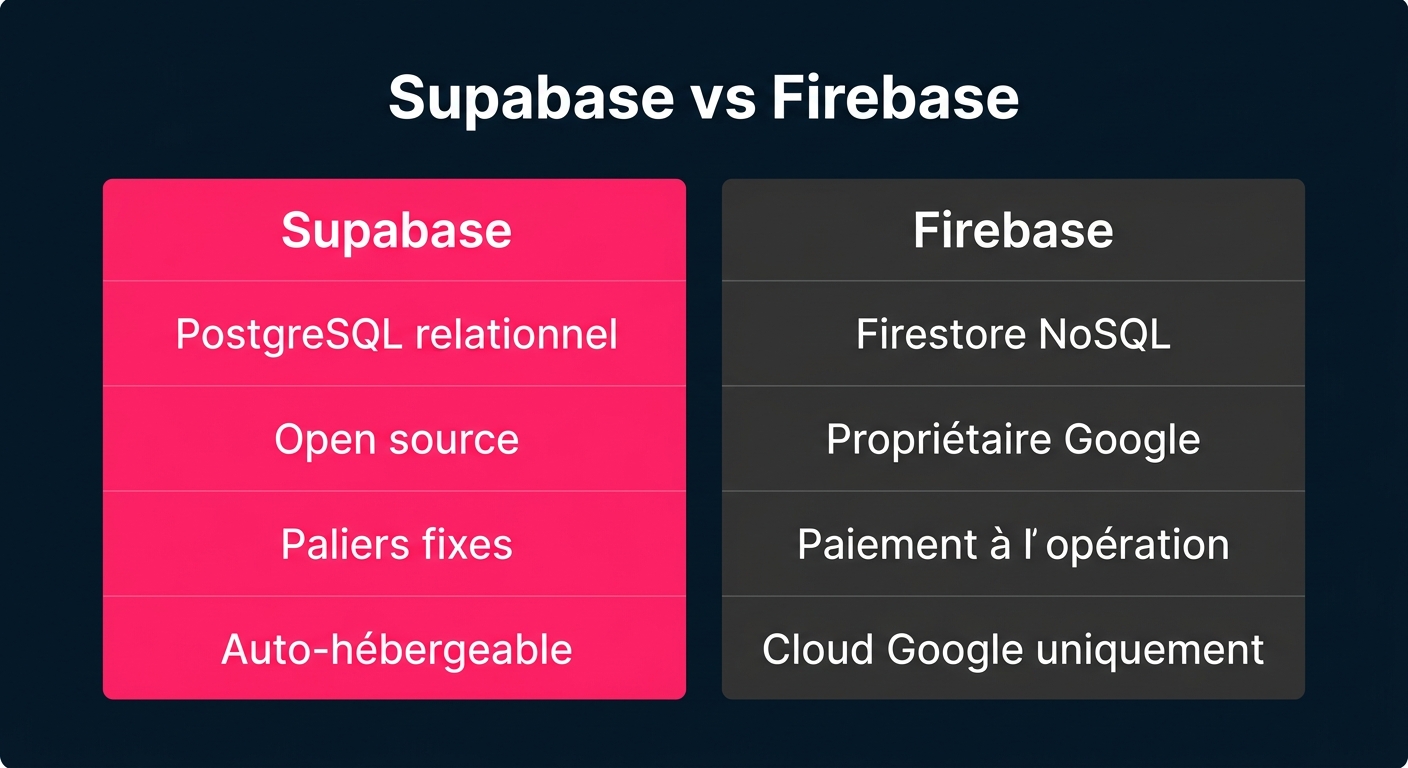 Comparatif Supabase vs Firebase : PostgreSQL vs Firestore, open source vs propriétaire
