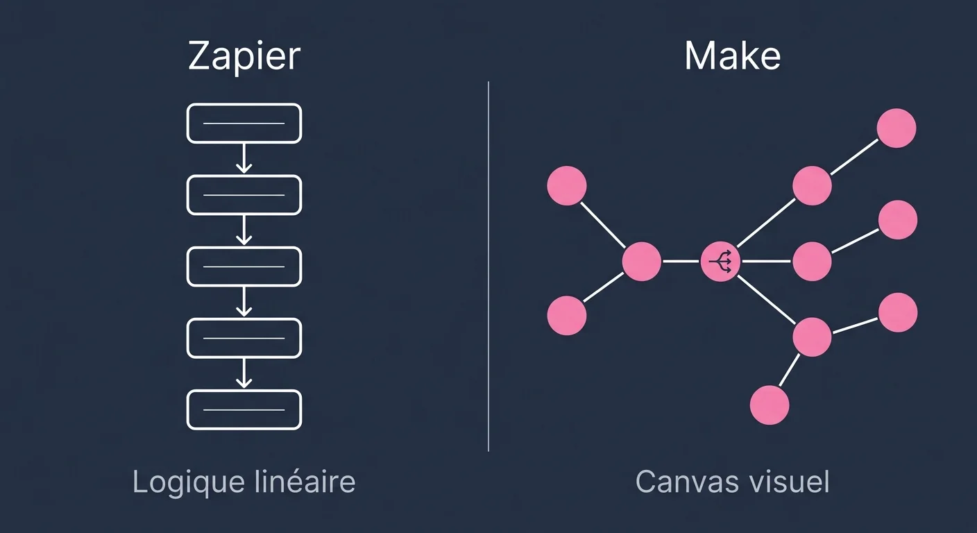 Comparaison workflow linéaire Zapier vs canvas visuel Make