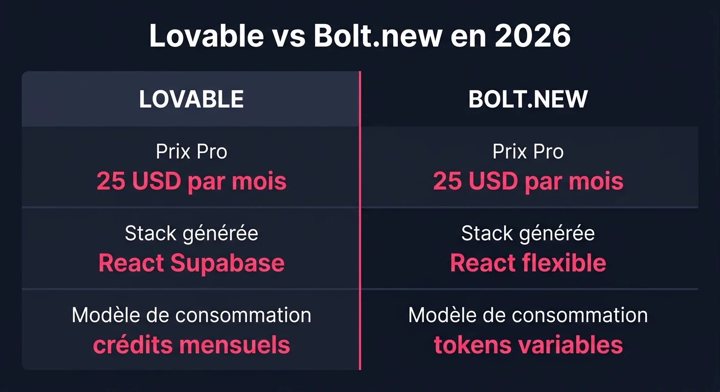 Comparaison Lovable vs Bolt.new : prix Pro 25 USD par mois, stack générée, modèle de consommation crédits vs tokens