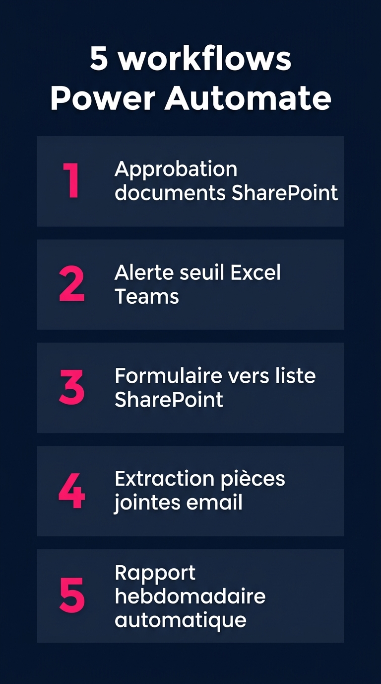 Infographie : les 5 workflows Power Automate - approbation documents, alerte Excel, formulaire Teams, extraction emails, rapport hebdomadaire
