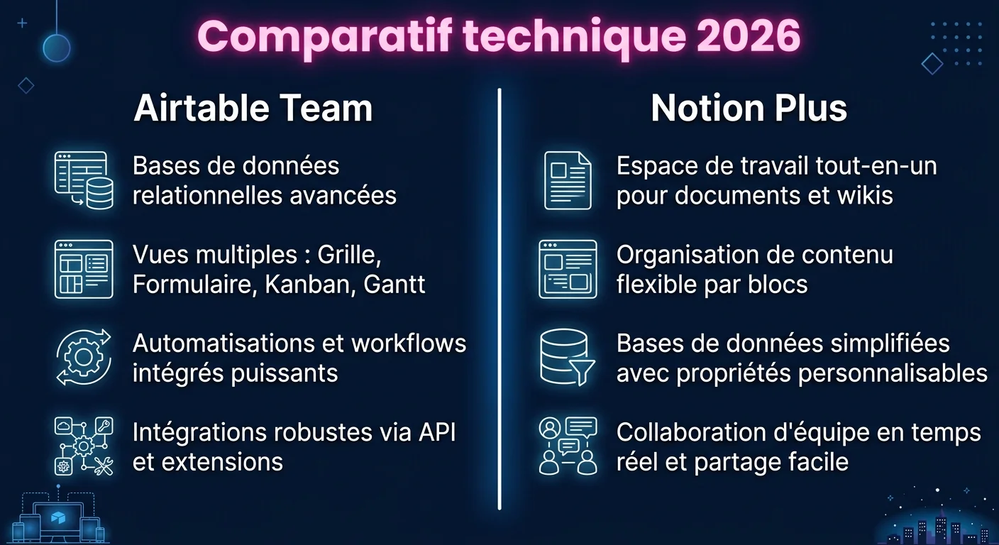 Comparatif technique 2026 : Airtable Team vs Notion Plus, fonctionnalités clés