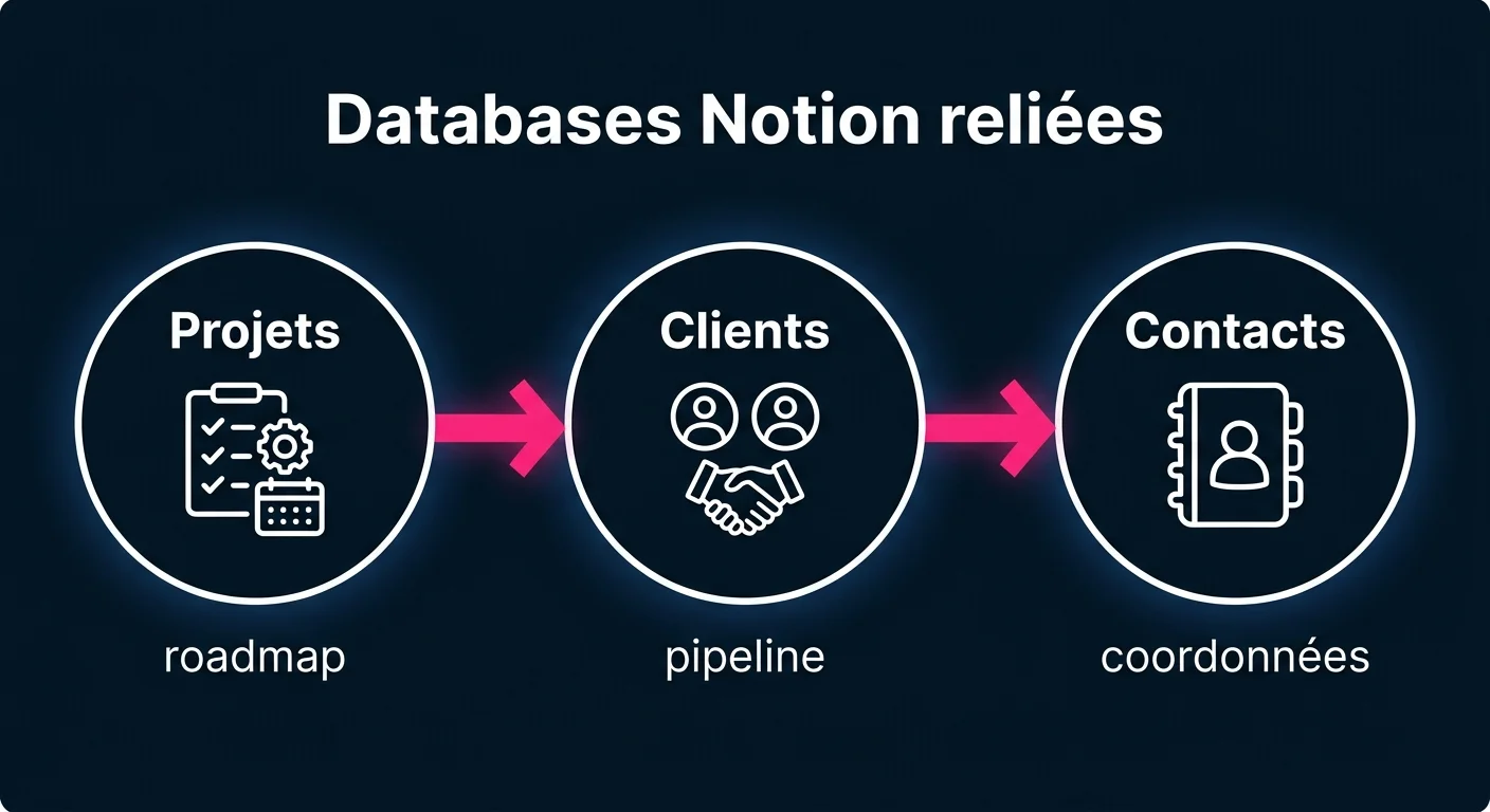 Schéma des databases Notion reliées : Projets, Clients, Contacts