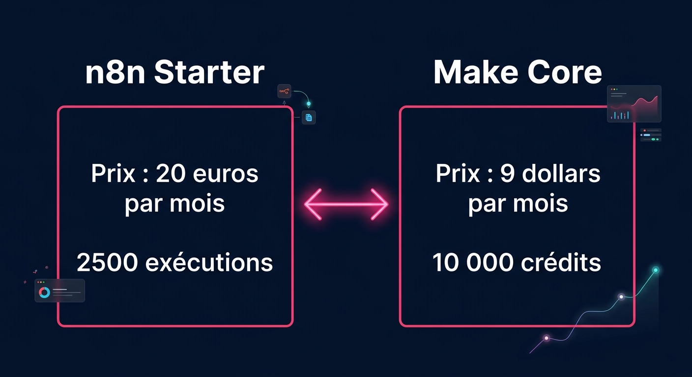 Comparaison des prix n8n Starter 20€/mois vs Make Core 9$/mois