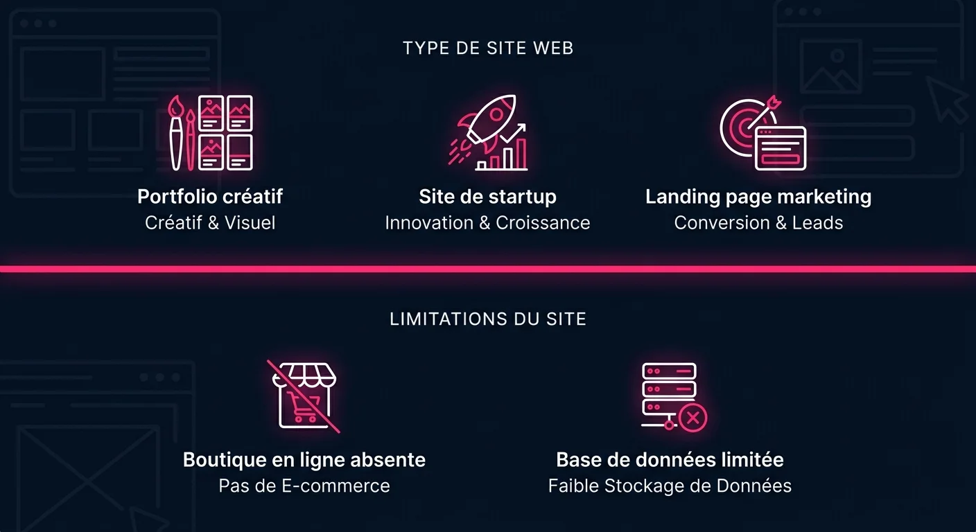 Framer : cas d'usage adaptés (portfolio, startup, landing page) et limites (e-commerce absent, CMS limité)