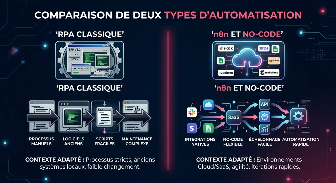 Comparaison RPA classique vs n8n et no-code pour les PME