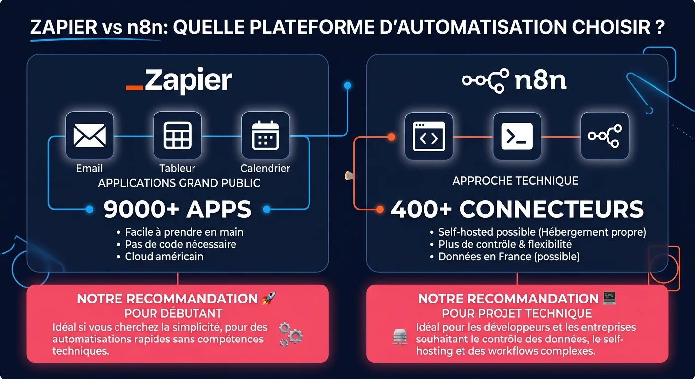 Infographie : comparatif n8n vs Zapier par profil - débutant, PME technique, équipe avec souveraineté RGPD