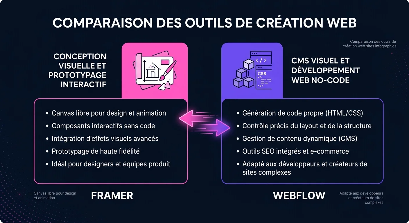 Comparaison Framer vs Webflow : approche canvas libre contre structure CSS