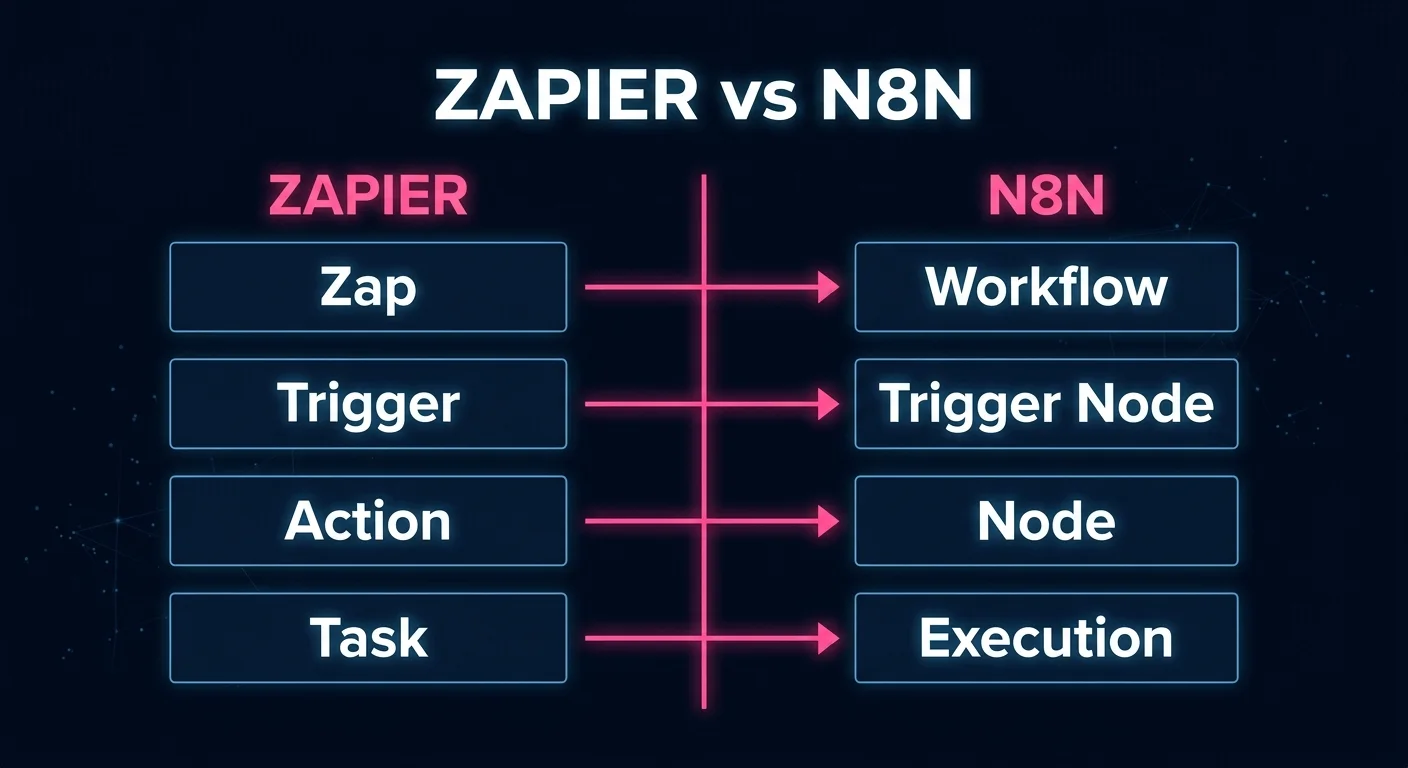 Correspondance des concepts Zapier vers n8n : Zap, Trigger, Action, Task et leurs équivalents Workflow, Trigger Node, Node, Execution
