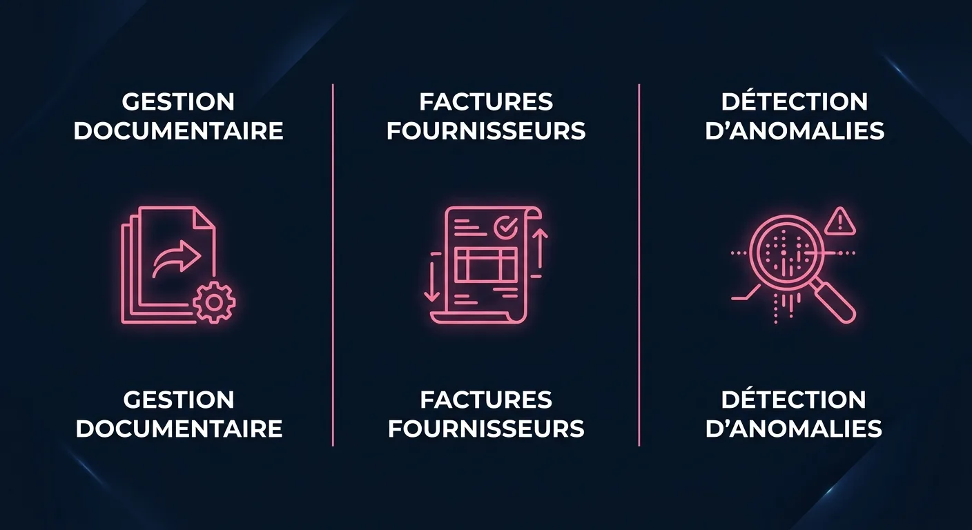 Infographie : trois usages de l'IA finance qui tiennent en production, gestion documentaire, factures fournisseurs, détection d'anomalies