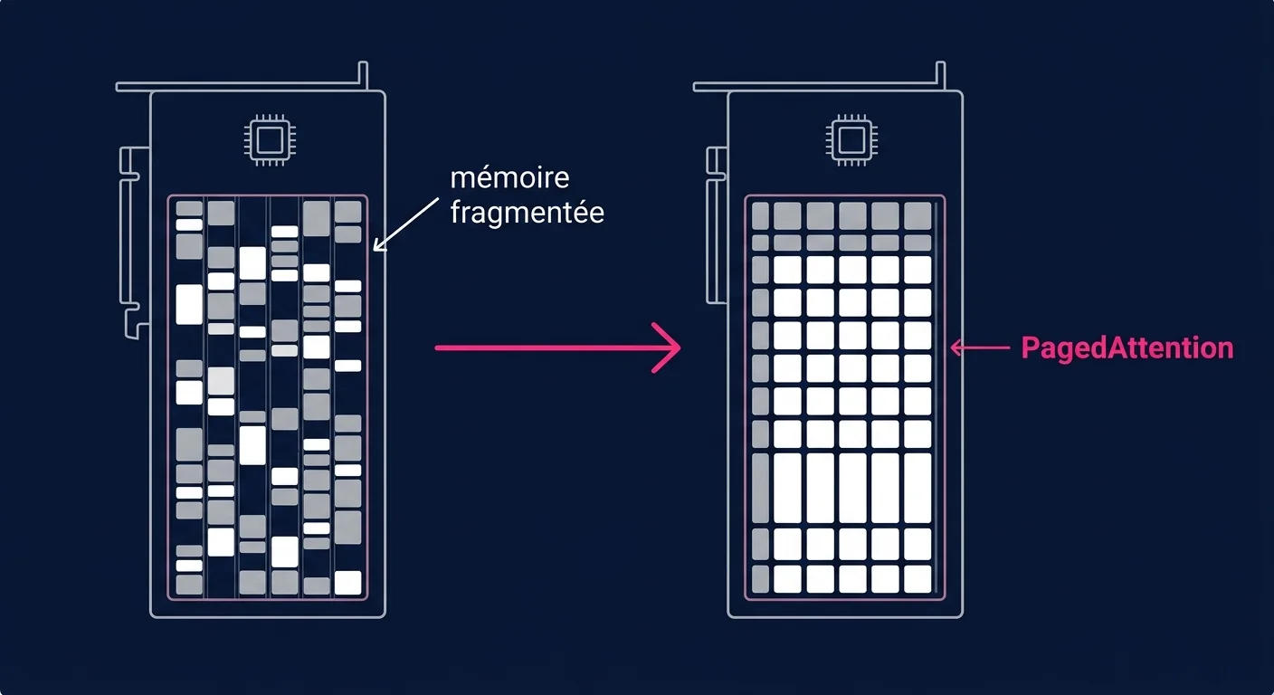 Comparaison mémoire GPU : allocation fragmentée classique vs PagedAttention de vLLM