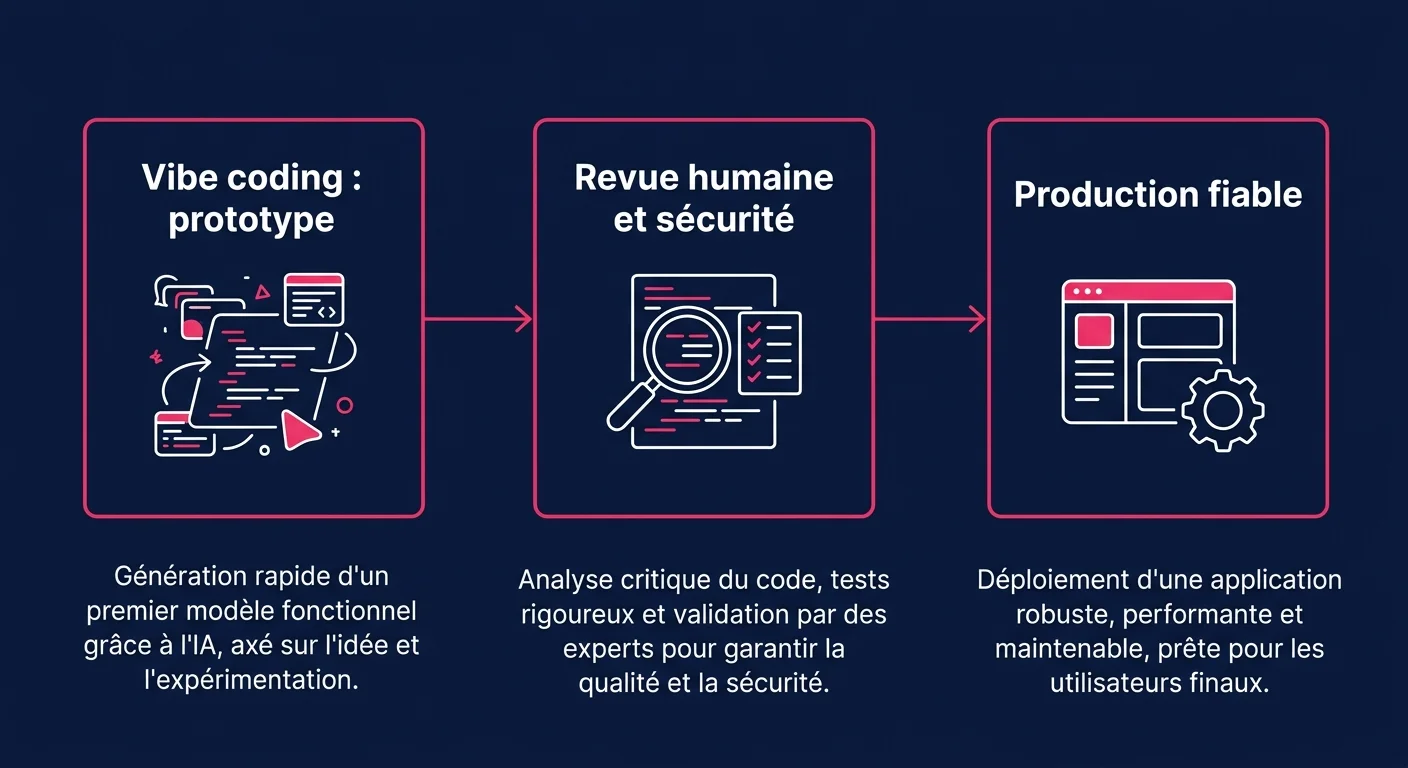 Schéma du passage d'un prototype vibe-codé à une application en production, via une revue humaine et sécurité