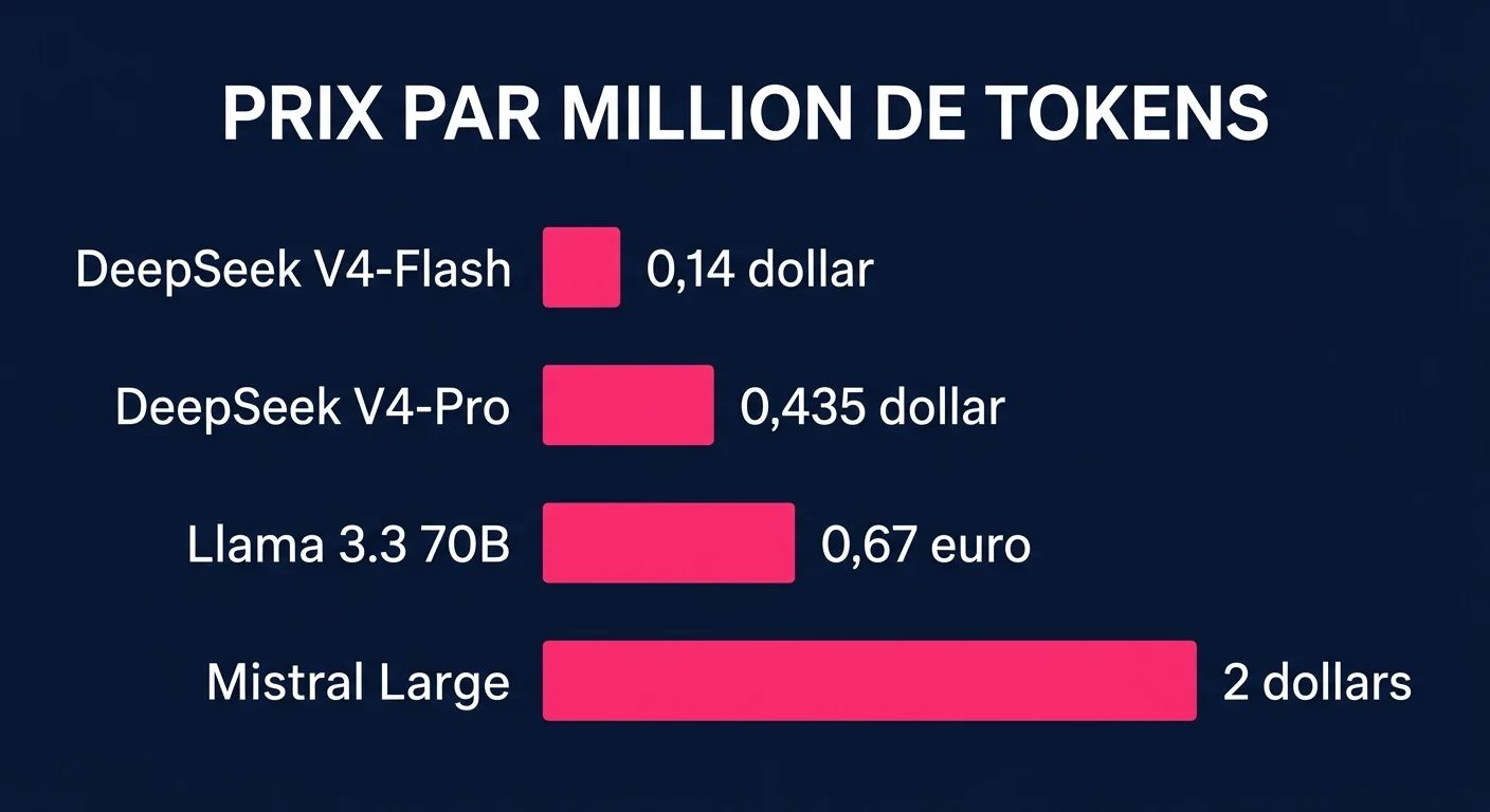 Prix d'entrée par million de tokens : DeepSeek V4-Flash 0,14 $, DeepSeek V4-Pro 0,435 $, Llama 3.3 70B 0,67 €, Mistral Large 2 $
