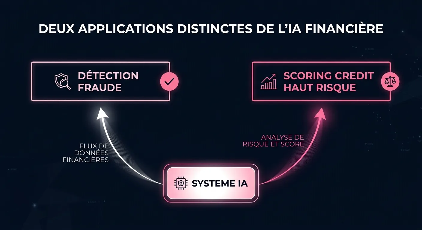 Schéma : système de scoring crédit classé à haut risque par le AI Act, exception pour la détection de fraude