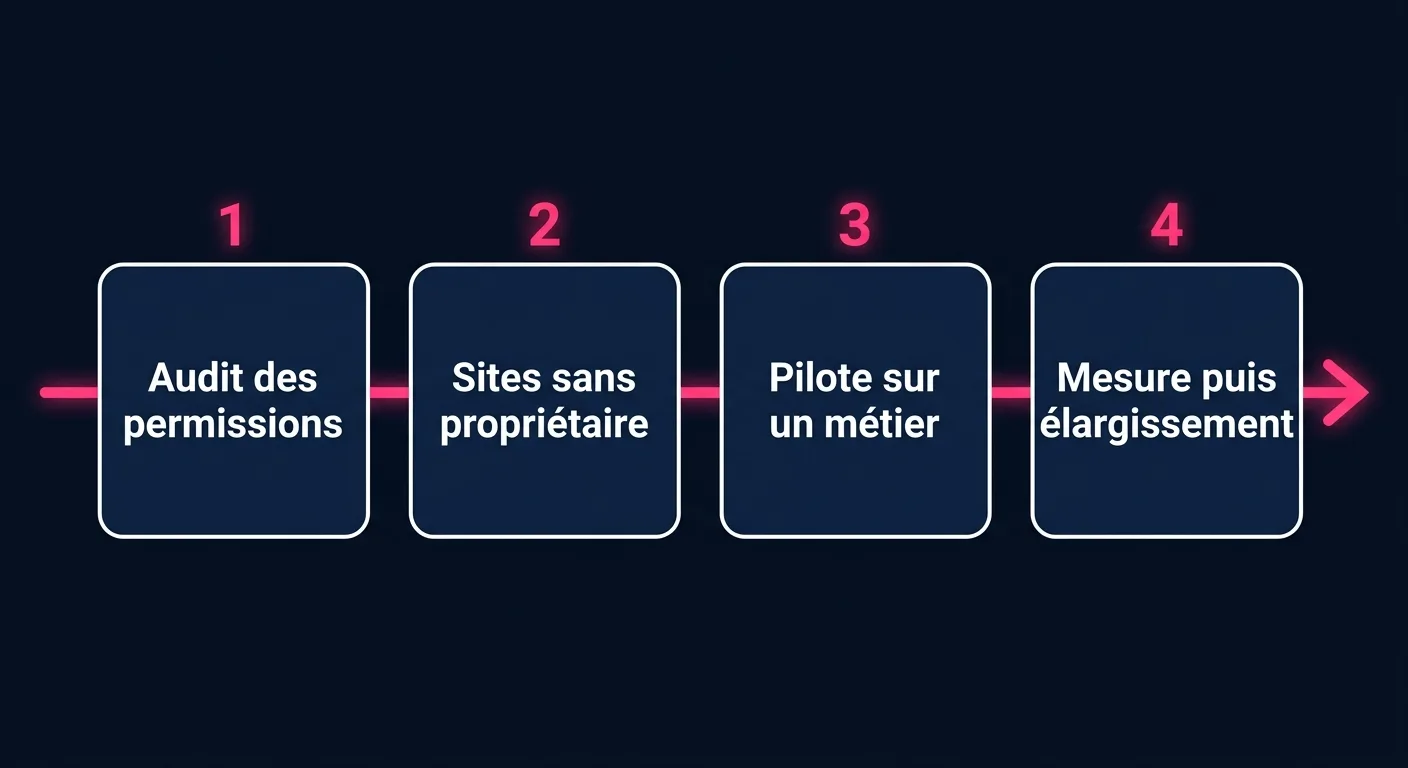 Séquence de déploiement de Microsoft 365 Copilot en quatre étapes : audit des permissions, sites sans propriétaire, pilote sur un métier, mesure puis élargissement