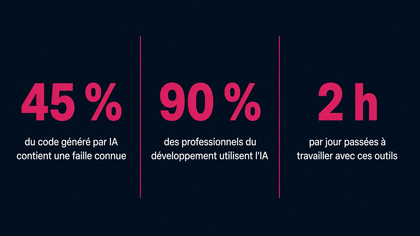 45 % du code généré par IA contient une faille connue, 90 % des professionnels du développement utilisent l'IA, deux heures par jour