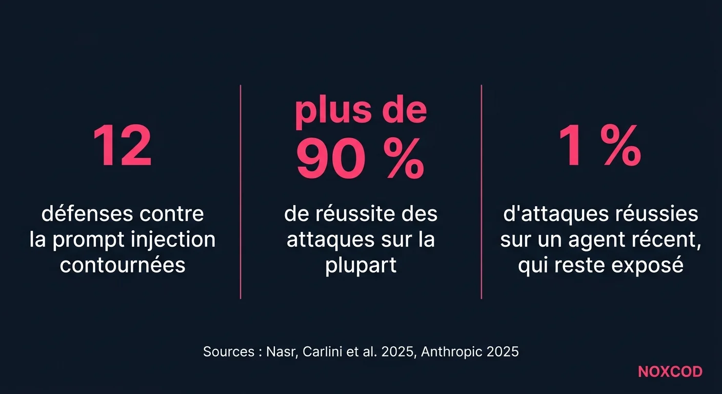 Chiffres sur la prompt injection : 12 défenses contournées, avec plus de 90 % de réussite des attaques pour la plupart (Nasr, Carlini et al., octobre 2025), et 1 % d'attaques réussies contre Claude Opus 4.5 en navigation (Anthropic, novembre 2025)
