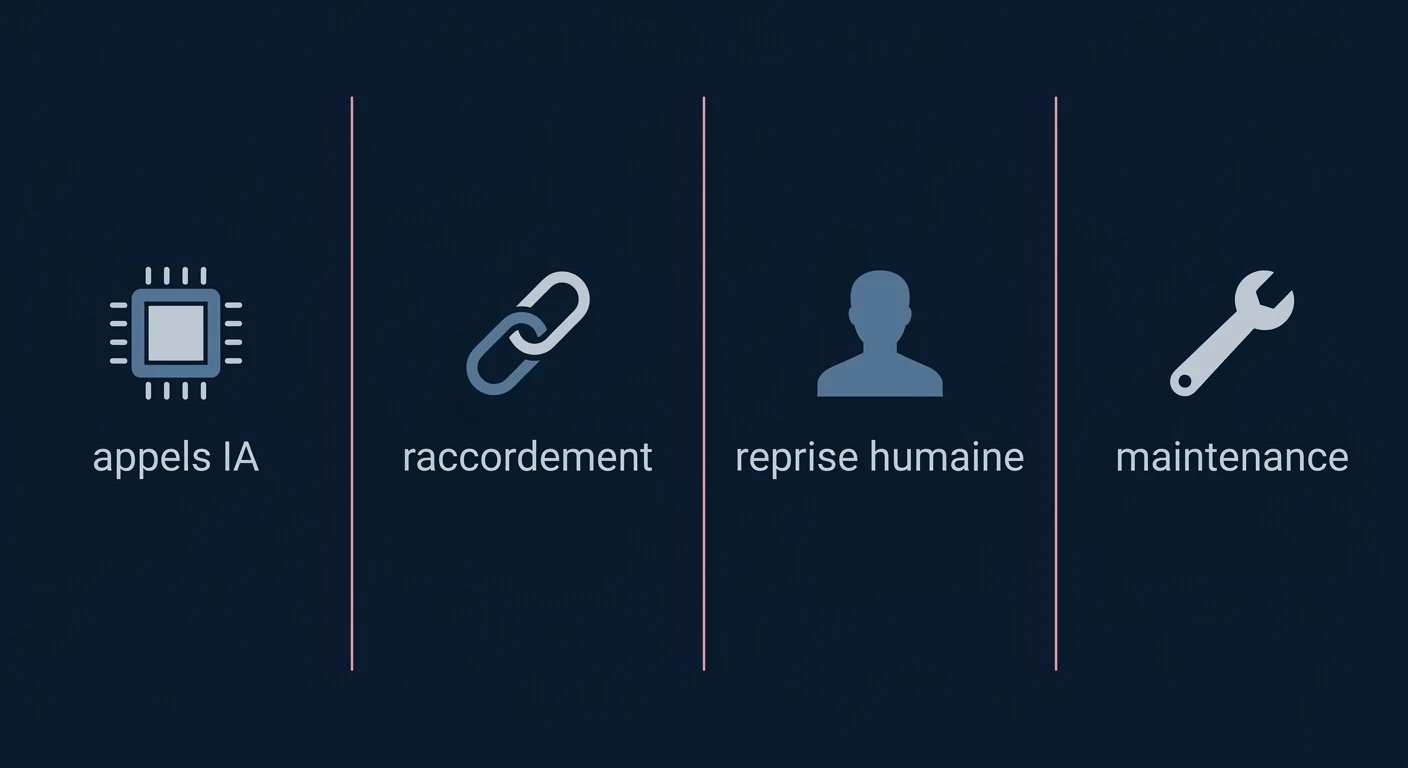 Les quatre postes de dépense d'un projet d'IA en entreprise : appels IA, raccordement au système d'information, reprise humaine et maintenance