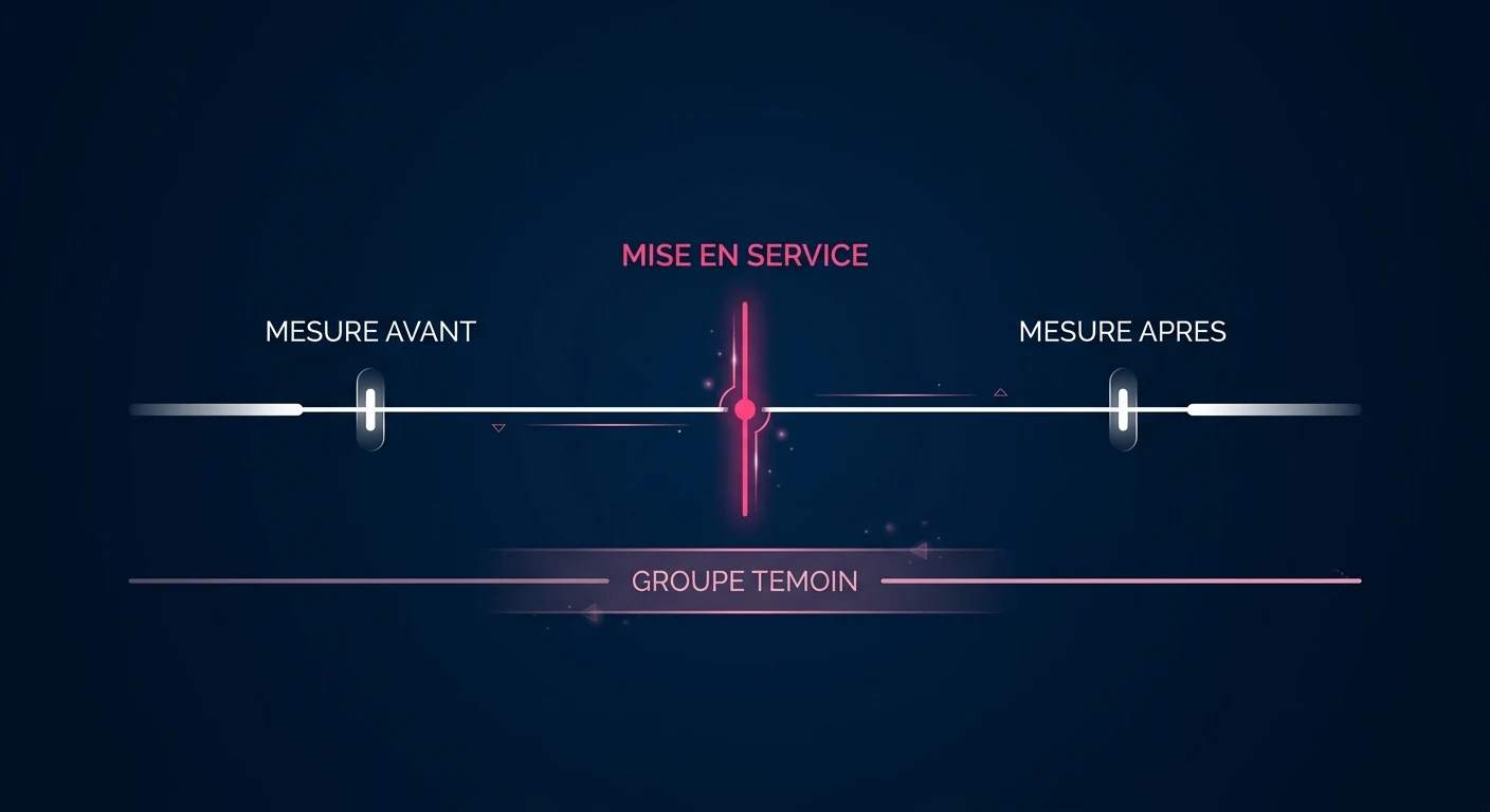 Frise de mesure d'un projet d'IA : mesure avant, mise en service, mesure après, avec une ligne de groupe témoin qui ne passe pas par la mise en service