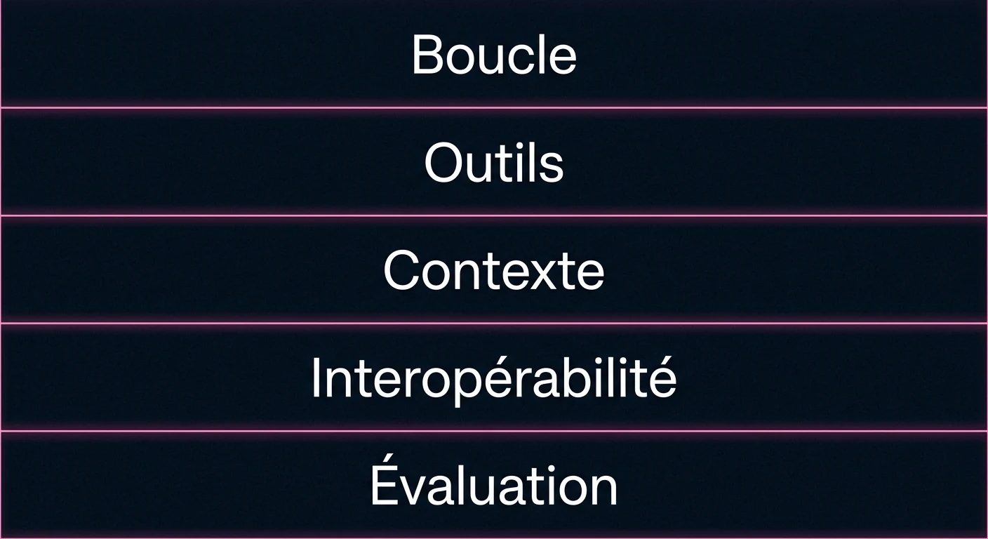 Les cinq briques à manipuler pour concevoir un agent IA : la boucle, les outils, le contexte, l'interopérabilité et l'évaluation