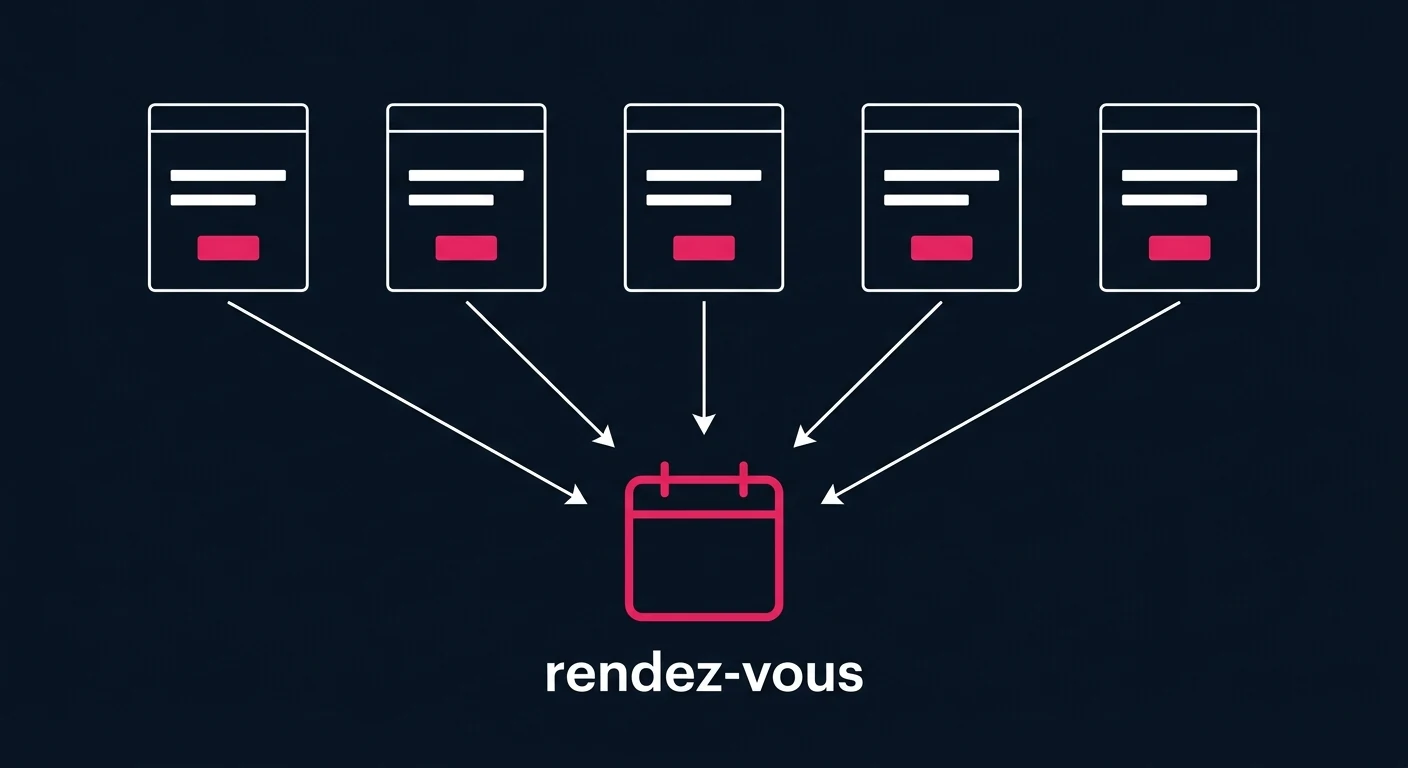 Cinq landing pages identiques, une par marché, toutes reliées à un seul bouton de prise de rendez-vous