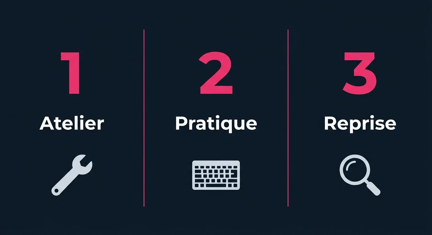 Les trois temps d'une formation Claude Code en équipe : atelier sur le dépôt, deux semaines de pratique, séance de reprise
