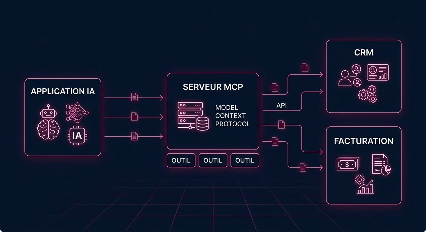 Schéma d'un serveur MCP placé entre une application IA et les outils internes d'une entreprise