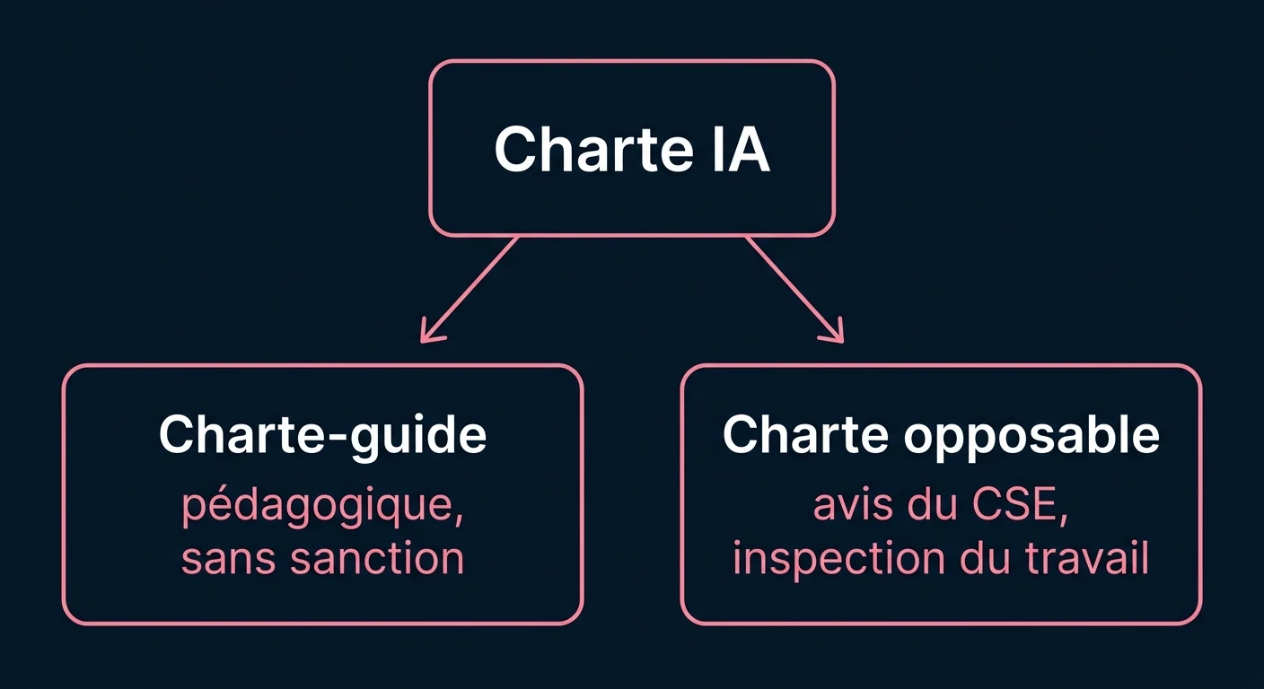 Schéma comparant la charte-guide sans sanction et la charte opposable soumise à l'avis du CSE