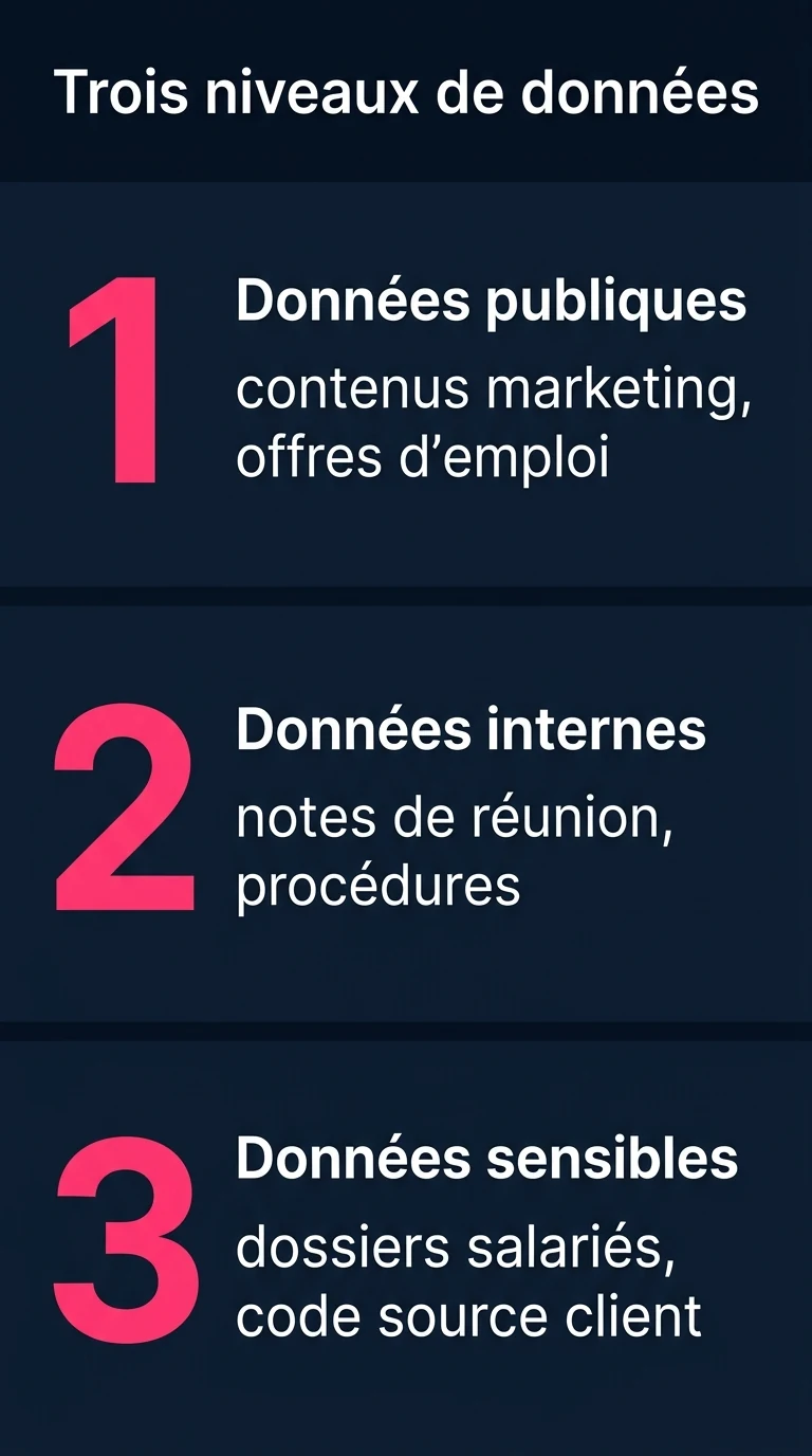 Trois niveaux de données : publiques, internes, sensibles, avec des exemples pour chacun