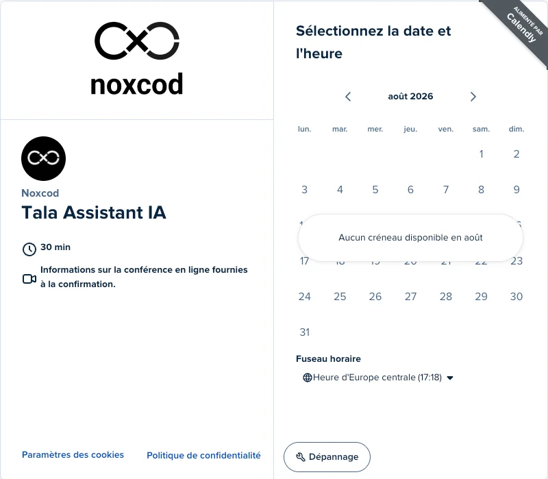 Page de prise de rendez-vous Calendly Noxcod pour Tala Assistant IA, créneau de 30 minutes en visioconférence