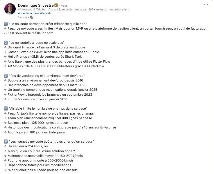 Post LinkedIn de Dominique Silvestre défendant le no-code en cinq arguments : périmètre, montée en charge, versionnage, limites d'Airtable et coût des licences