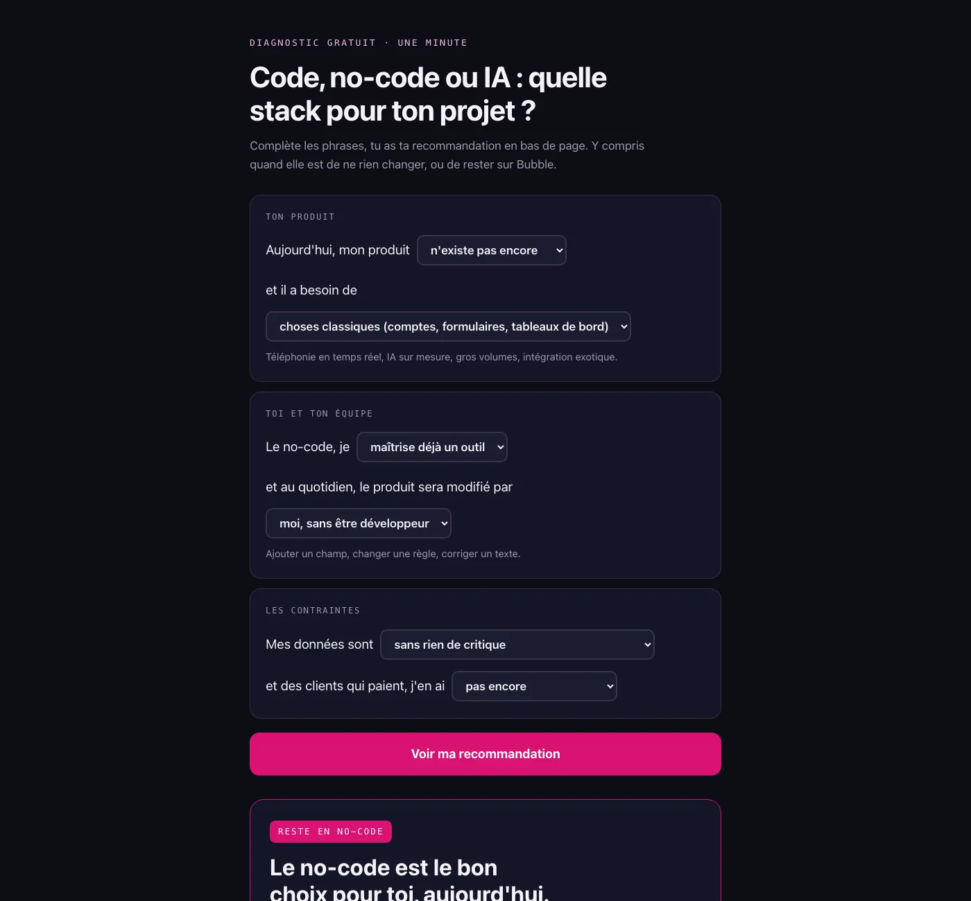 Diagnostic de stack Noxcod : formulaire de quelques questions pour choisir entre no-code, hybride et code assisté par IA