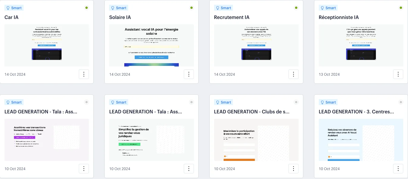 Tableau de bord SwipePages listant les landing pages du test, une par marché : Car IA, Solaire IA, Recrutement IA, Réceptionniste IA et pages de génération de leads
