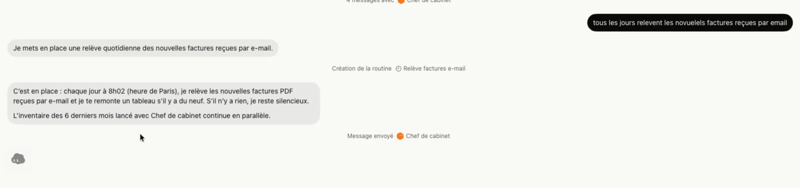 L'agent comptable de Grok Bot confirme une routine quotidienne de relève des factures PDF reçues par e-mail à 8h02