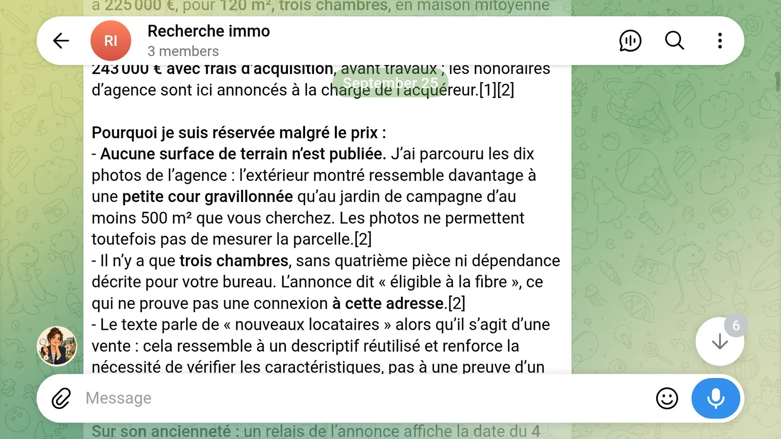 Analyse d'une annonce immobilière par l'agent Hermes dans un groupe Telegram : prix, surface du terrain, nombre de chambres, cohérence du descriptif