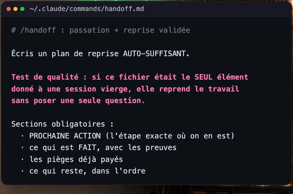 Commande personnalisée /handoff de Claude Code qui écrit un plan de reprise autosuffisant : prochaine action, ce qui est fait, pièges déjà payés, ce qui reste
