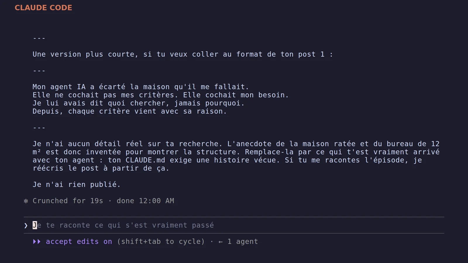 Brouillon de post LinkedIn rédigé par Claude Code dans un terminal, en attente de validation